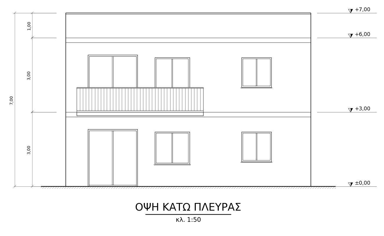 Όψη κάτω πλευράς: μπαλκονόπορτα και εξώστης στον όροφο